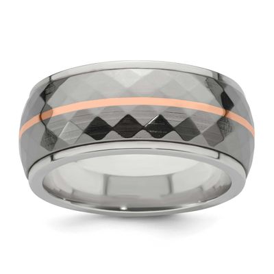 Edward Mirell Argentium Sterling Silver and Inlay with 14k Rose Gold Stripe Faceted 10mm Band Titan