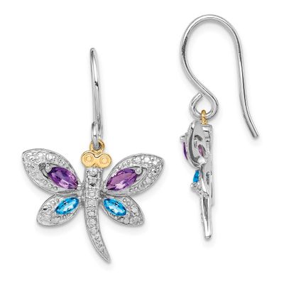 Sterling Silver RH-plated Amethyst Bl Topaz Diamond Dragonfly Earrings 14k Gold, QE17799,