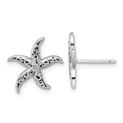 Polished/Oxidized Filigree Starfish Post Earrings Sterling Silver Rhodium-plated, QG7116E,