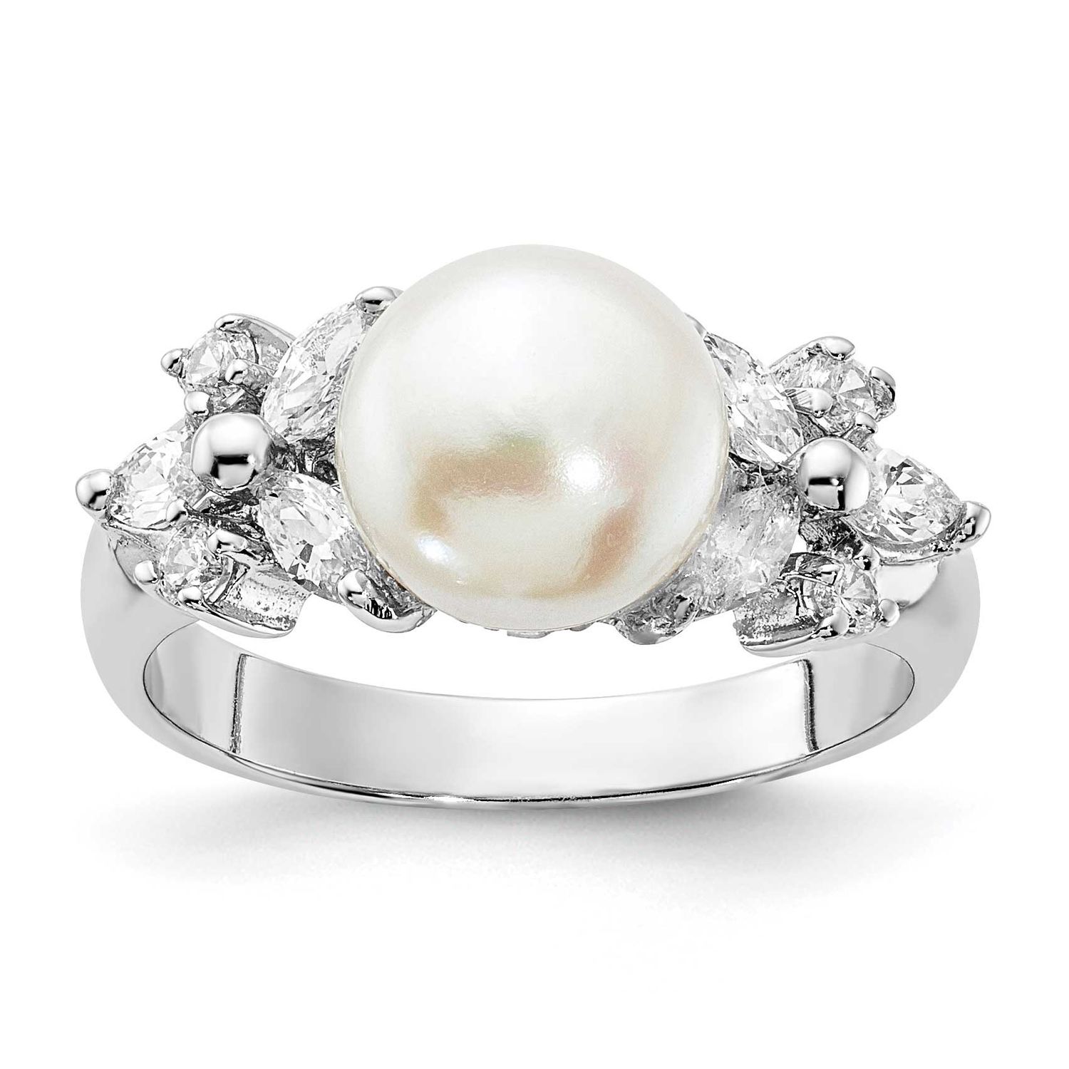 Cheryl M Polished CZ and Freshwater Cultured Pearl Ring Sterling Silver Rhodium-plated, QCM1931-6,