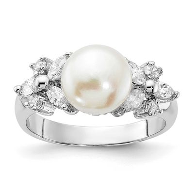 Cheryl M Polished CZ and Freshwater Cultured Pearl Ring Sterling Silver Rhodium-plated, QCM1931-6,