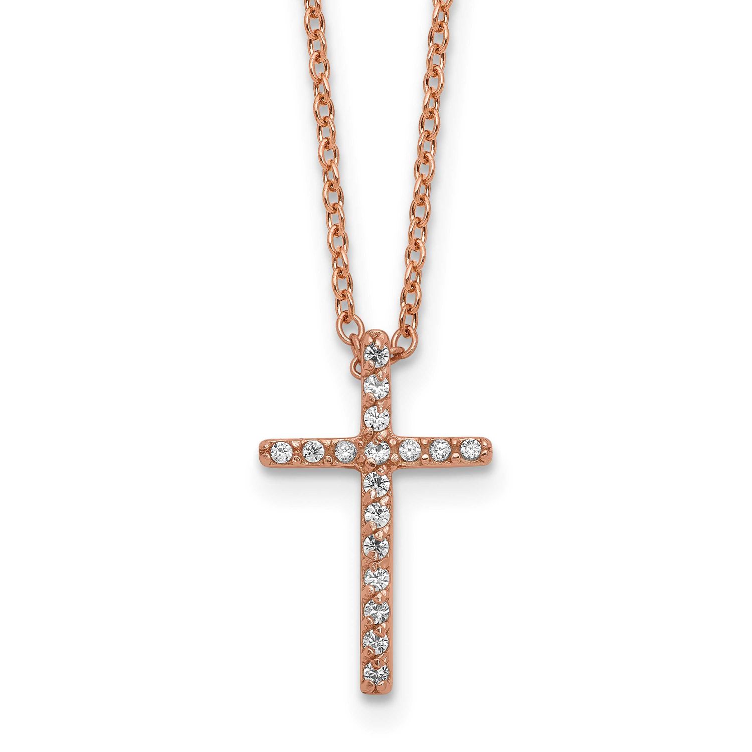 Cheryl M Polished CZ Latin Cross Necklace Sterling Silver Rose Gold-plated, QCM881P-18, 196904278581