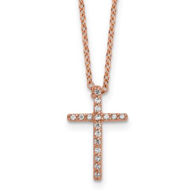 Cheryl M Polished CZ Latin Cross Necklace Sterling Silver Rose Gold-plated, QCM881P-18, 196904278581