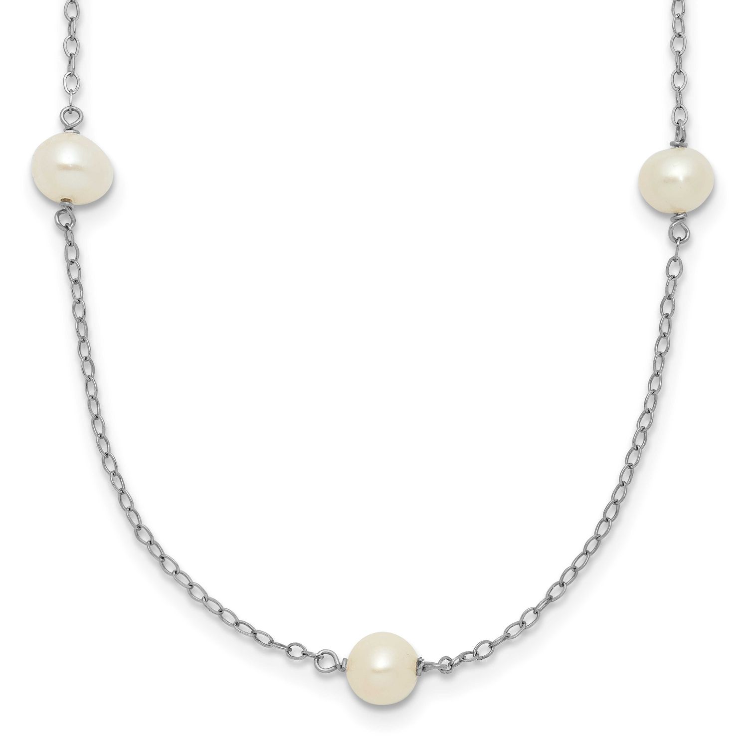 5-6mm Round White Freshwater Cultured Pearl 7 Station 16 inch Necklace 10k White Gold, 10XFW555W-16,
