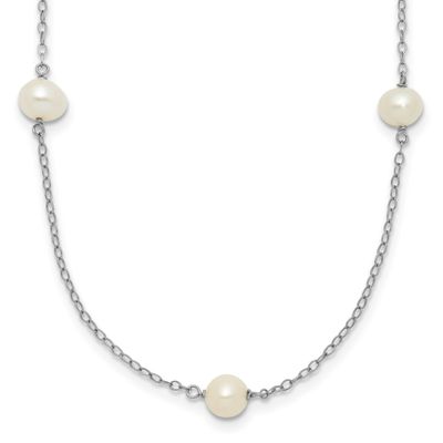 5-6mm Round White Freshwater Cultured Pearl 7 Station 16 inch Necklace 10k White Gold, 10XFW555W-16,