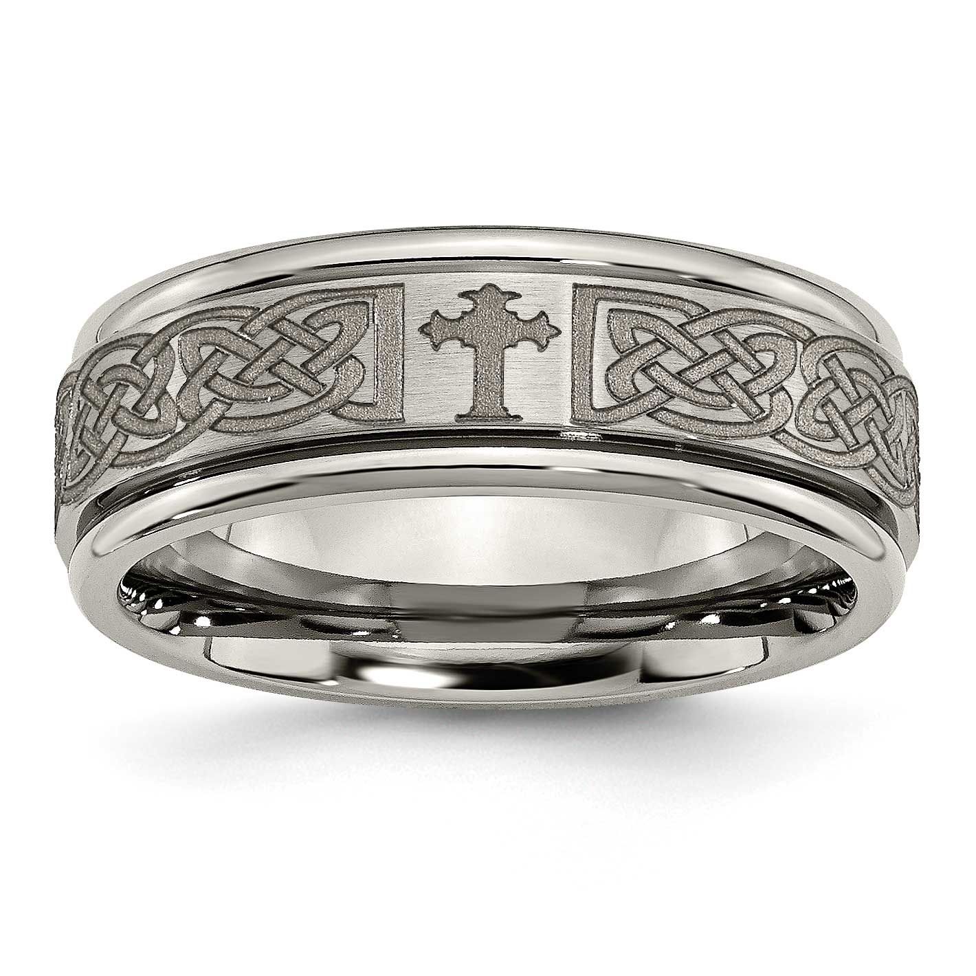 Cross Laser Design 8mm Ridged Edge Band Titanium Brushed and Polished, TB11K-12.5, 886774046532