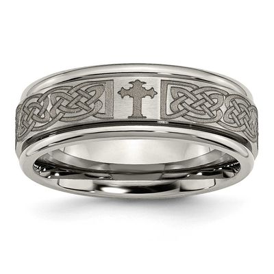 Cross Laser Design 8mm Ridged Edge Band Titanium Brushed and Polished, TB11K-12.5, 886774046532