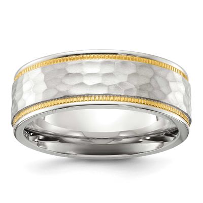 Polished Hammered Yellow IP-plated 8mm Band Stainless Steel Brushed, SR744-8, 196904252444