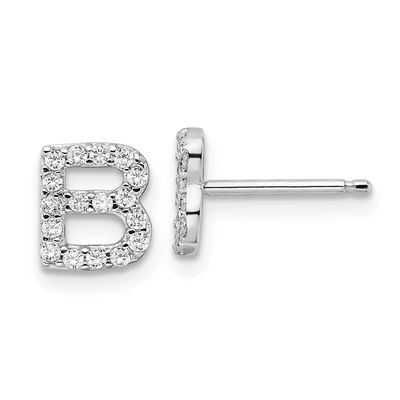 Cheryl M Polished Letter B CZ Initial Post Earrings Sterling Silver Rhodium-plated, QCM1867B,