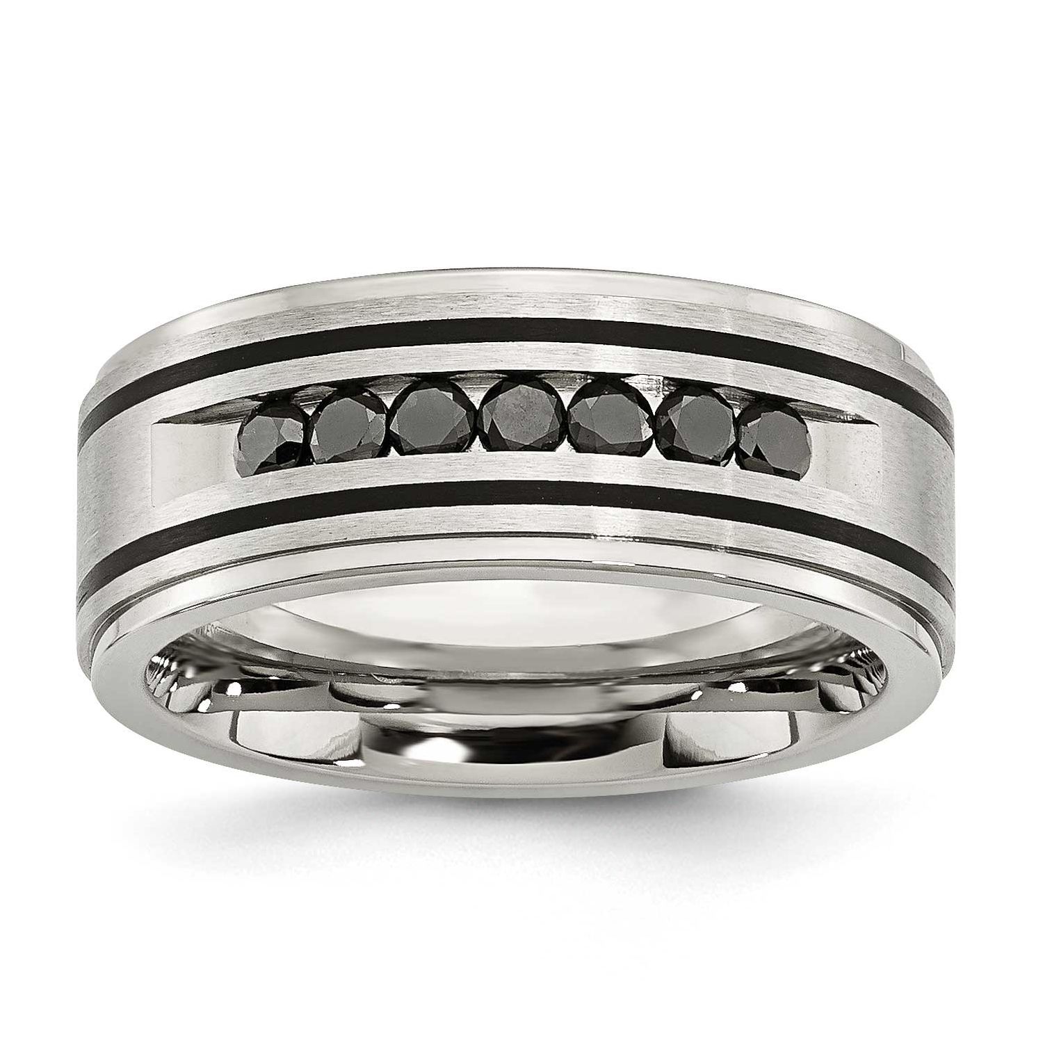 Polished Black IP-plated 1/2 Carat Black Diamond 9mm Band Stainless Steel Brushed, SR210-9.5, 88395