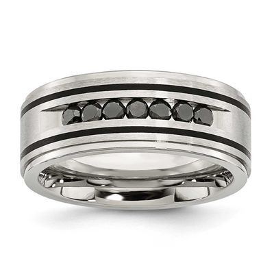 Polished Black IP-plated 1/2 Carat Black Diamond 9mm Band Stainless Steel Brushed, SR210-9.5, 88395