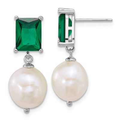 9-11mm White Semi-Round Freshwater Cultured Pearl and Green CZ Post Dangle Earrings Sterling Silver