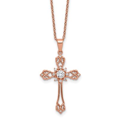 Cheryl M Polished CZ Cross with 2 Inch Extension Necklace Sterling Silver Rose Gold-plated, QCM1612