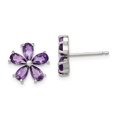 Plated Amethyst Floral Earrings Sterling Silver Rhodium-plated, QE1148, 890908000147