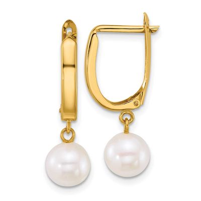 7-8mm White Round Freshwater Cultured Pearl Dangle Hoop Earrings 14k Gold, XF913E,