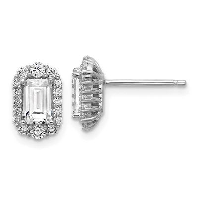 Cheryl M Polished Emerald-cut CZ Halo Post Earrings Sterling Silver Rhodium-plated, QCM1692, 196904