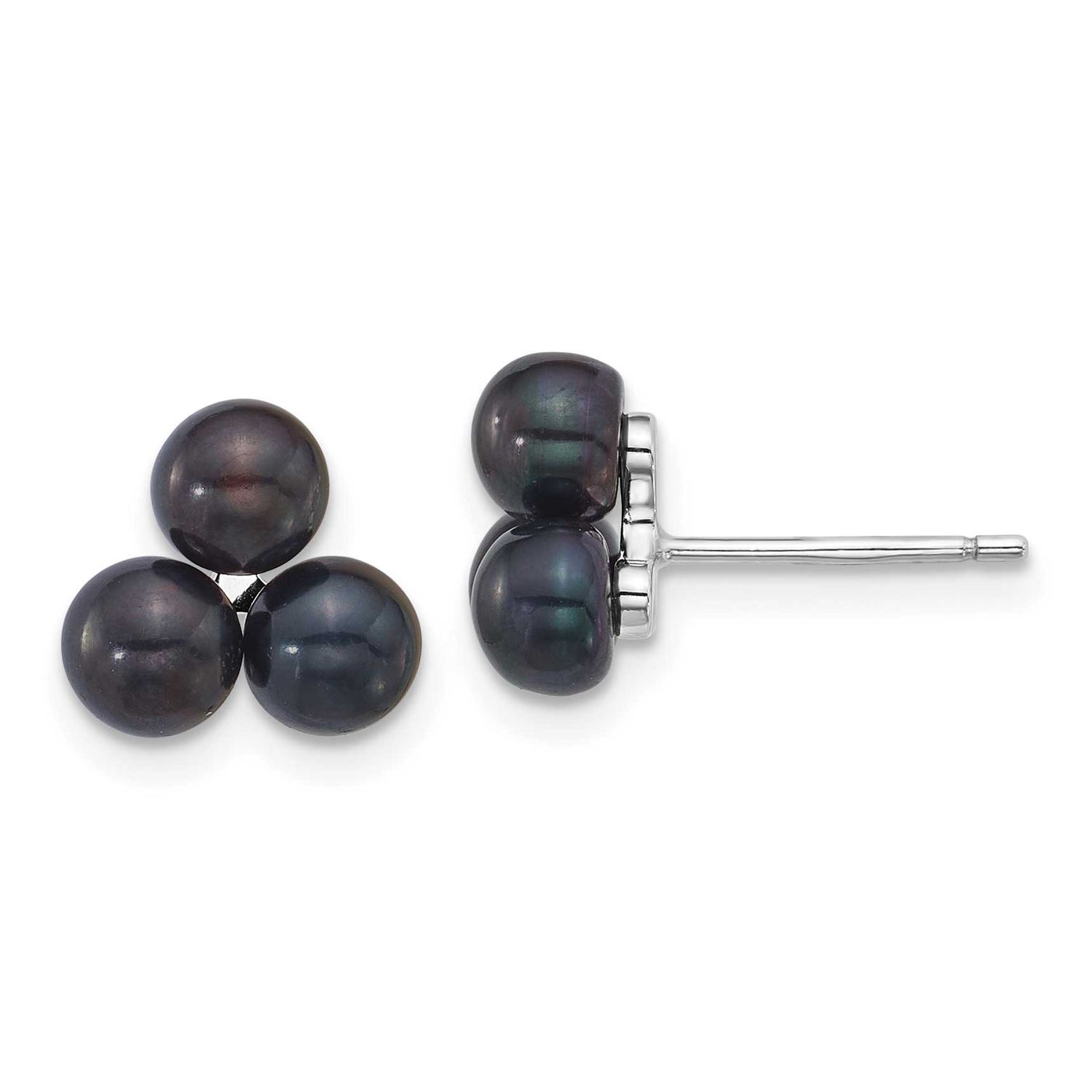5-6mm Black Button Freshwater Cultured 3-Pearl Post Earrings Sterling Silver Rhodium-plated, QE1815