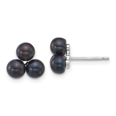 5-6mm Black Button Freshwater Cultured 3-Pearl Post Earrings Sterling Silver Rhodium-plated, QE1815