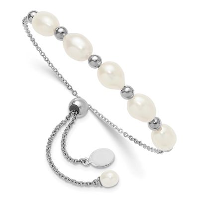 RH-plated Polished and Beaded 7x8mmFWC Pearl Adjustable Bolo Bracelet Sterling Silver, QH5849,