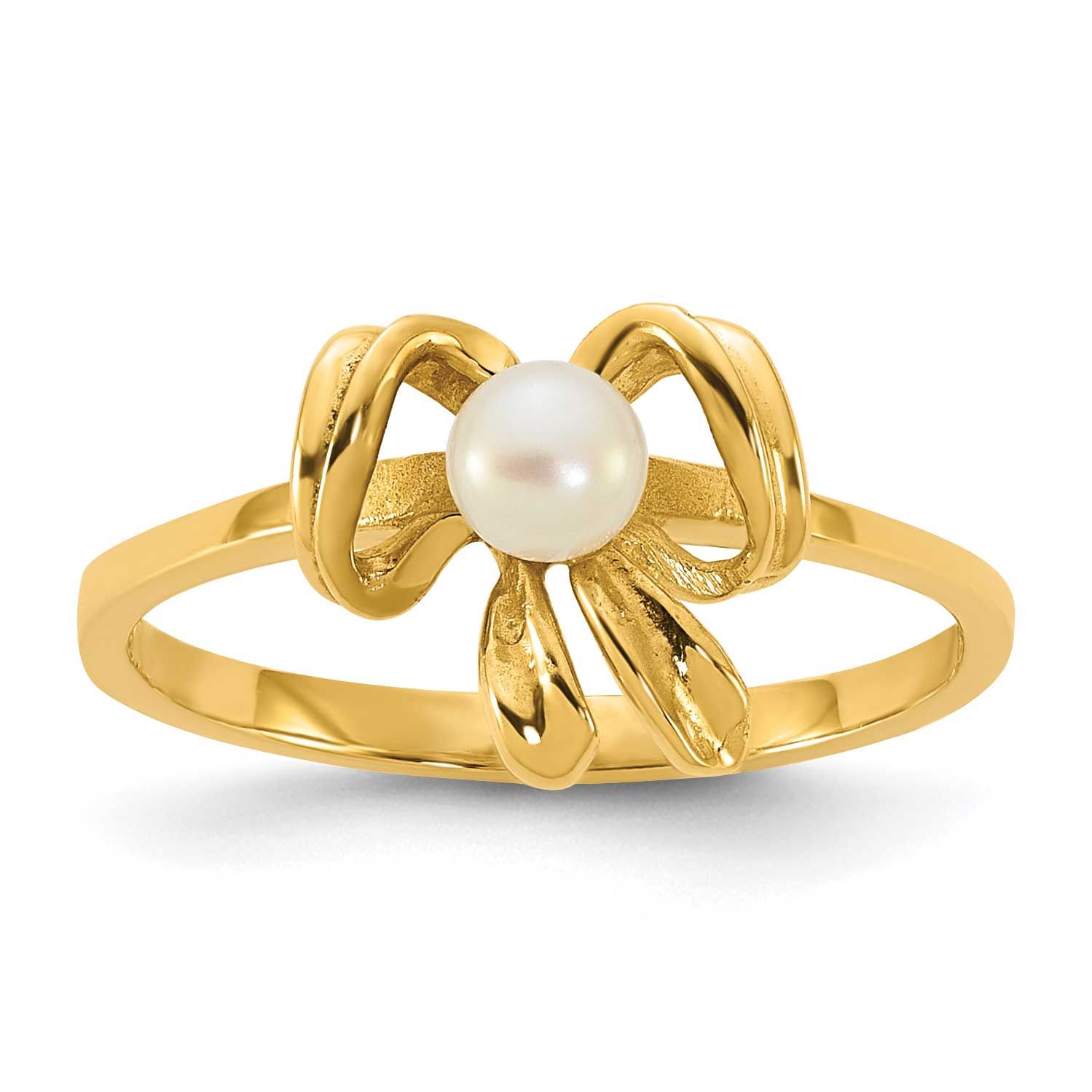 Madi K 3-4mm White Button Freshwater Cultured Pearl Bow Children&#39;s Ring 14k Gold, SE3079,