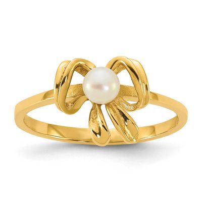 Madi K 3-4mm White Button Freshwater Cultured Pearl Bow Children&#39;s Ring 14k Gold, SE3079,
