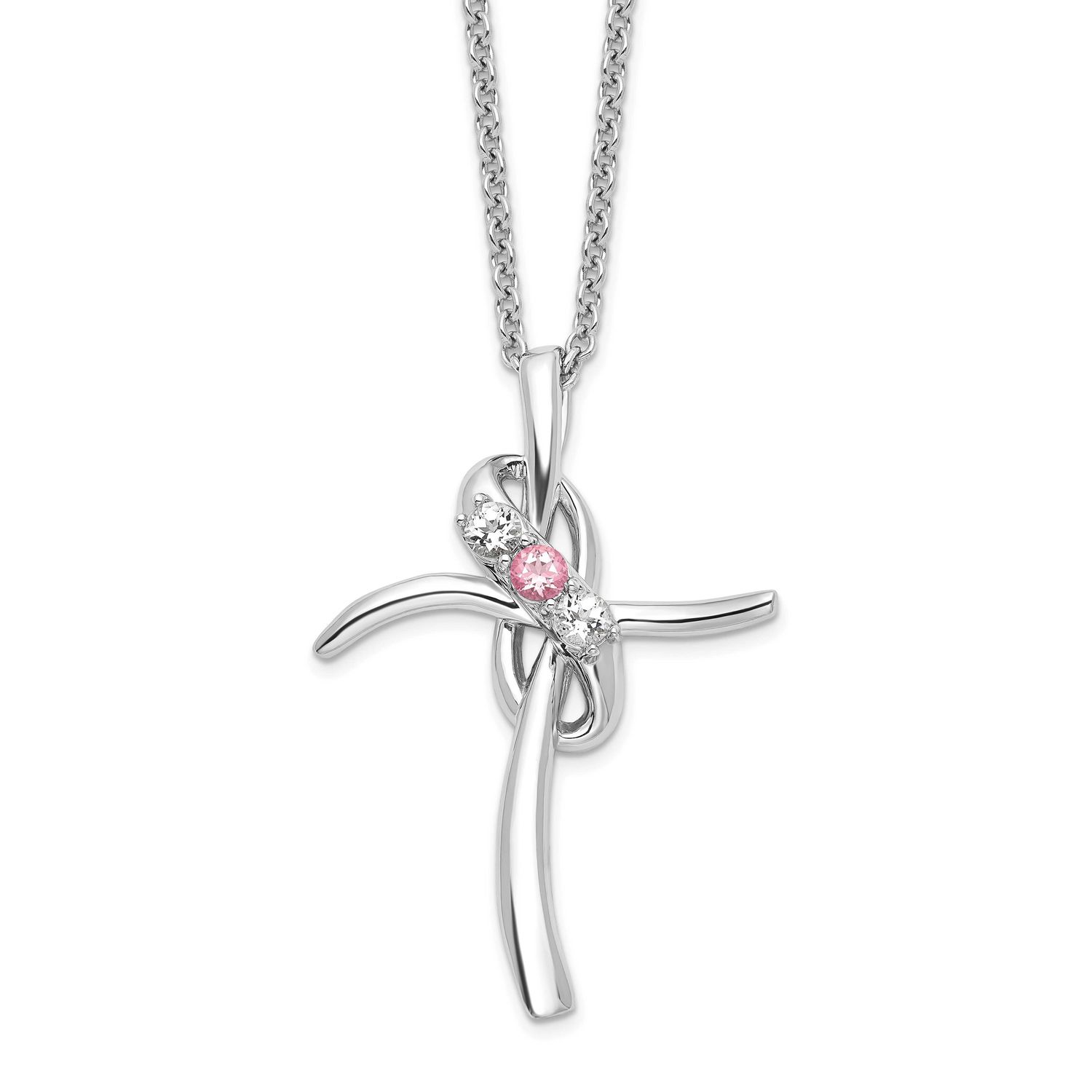 Survivor Collection Rhodium-plated 16 Inch White and Pink Topaz Grace Cross Necklace with 2 Inch Ex