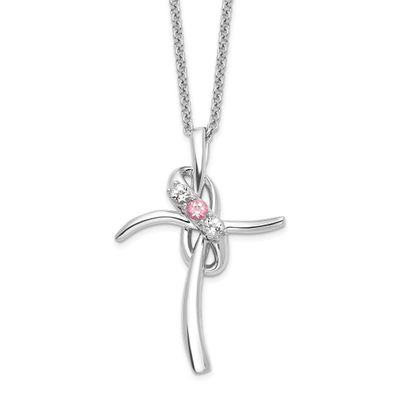 Survivor Collection Rhodium-plated 16 Inch White and Pink Topaz Grace Cross Necklace with 2 Inch Ex