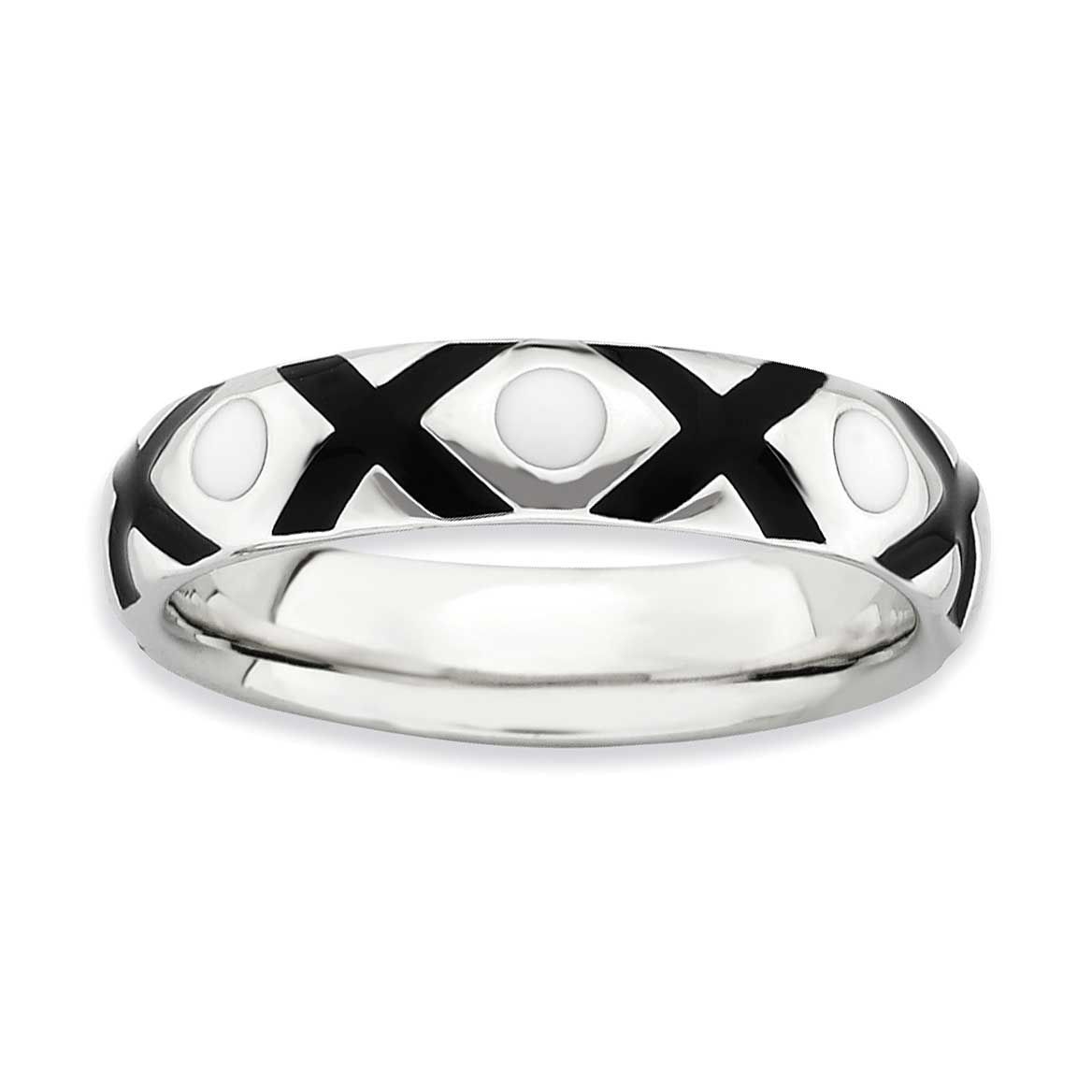 Black/White Enameled Ring Sterling Silver Polished, QSK598-10, 883957292960