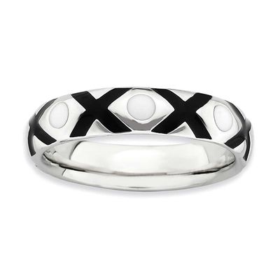 Black/White Enameled Ring Sterling Silver Polished, QSK598-10, 883957292960