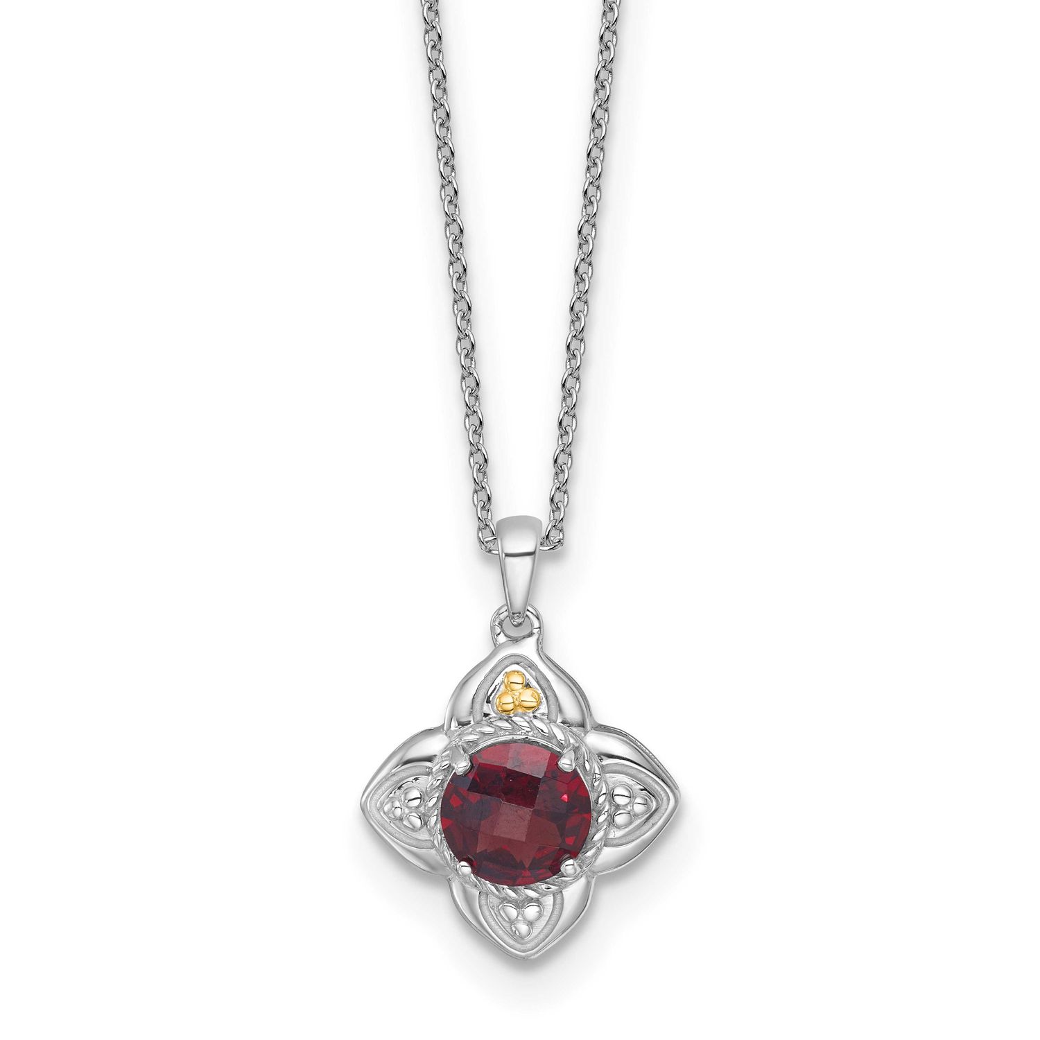 Shey Couture with 14k Accent Round Garnet Flower 18 inch with 2 inch Extension Necklace Sterling Si