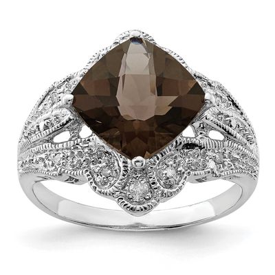 Checker-Cut Smoky Quartz &amp; Diam. Ring Sterling Silver Rhodium-plated, QR3203SQ-7, 883957363837