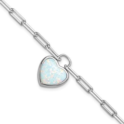Cheryl M Polished Created Opal Heart Paperclip Link with 1 Inch Extension Bracelet Sterling Silver