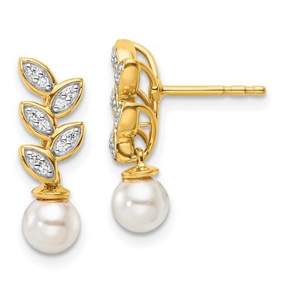 Diamond and Pearl Leaf Dangle Post Earrings 14k Gold Polished, EM10182-010-YAA,