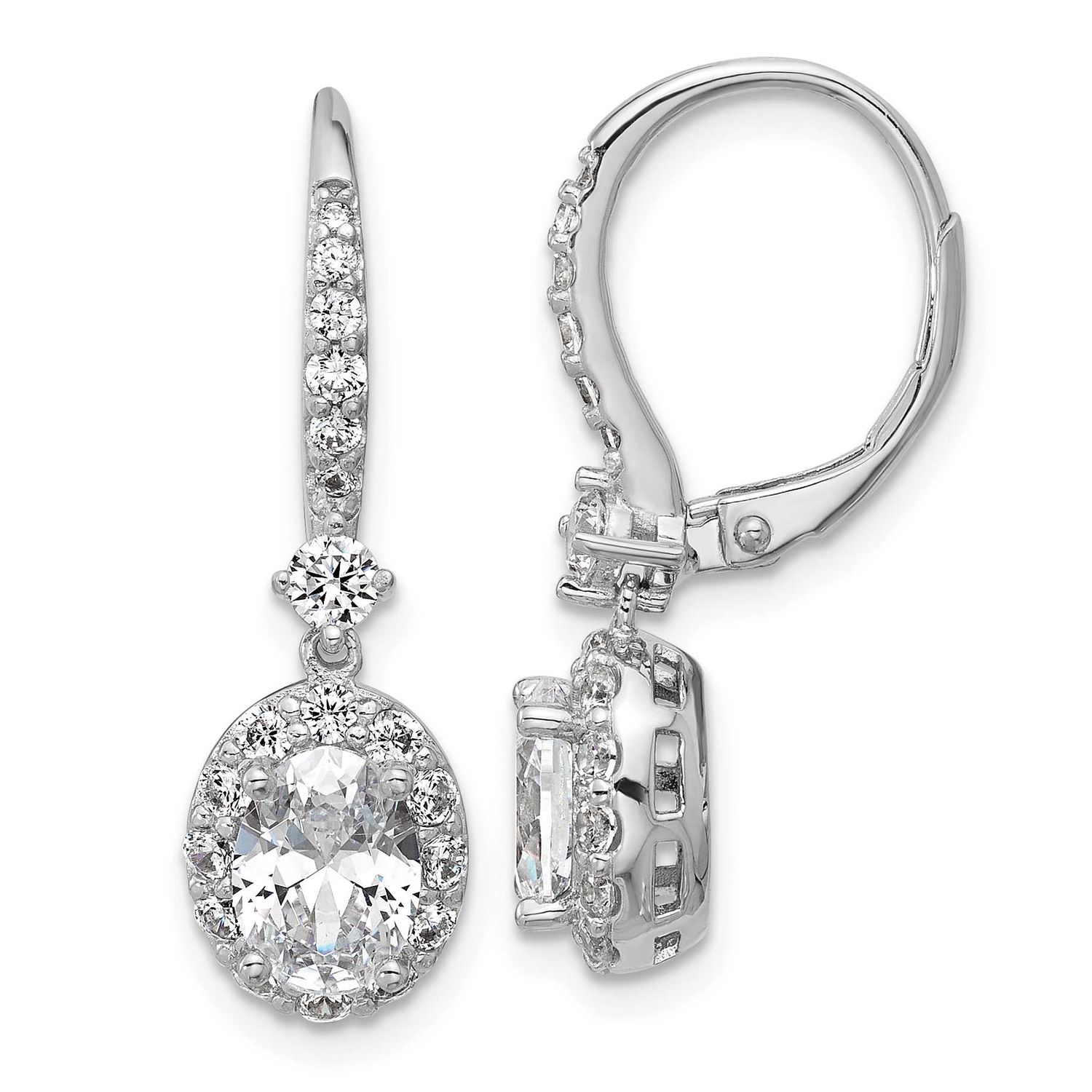 Cheryl M Polished Oval CZ Halo Leverback Dangle Earrings Sterling Silver Rhodium-plated, QCM1701, 1