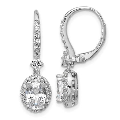 Cheryl M Polished Oval CZ Halo Leverback Dangle Earrings Sterling Silver Rhodium-plated, QCM1701, 1