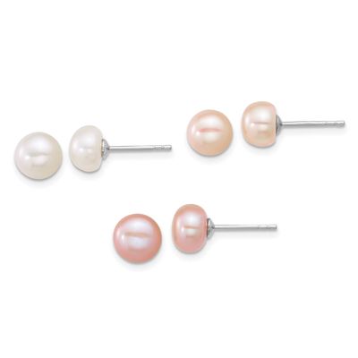 7-8mm Pink and White Button Freshwater Cultured Pearl 3-piece Post Earring Set Sterling Silver Rhod