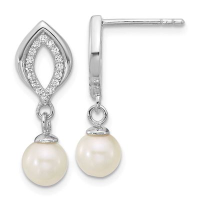 CZ FWC Pearl Dangle Post Earrings Sterling Silver Rhodium-plated, QG7178E,