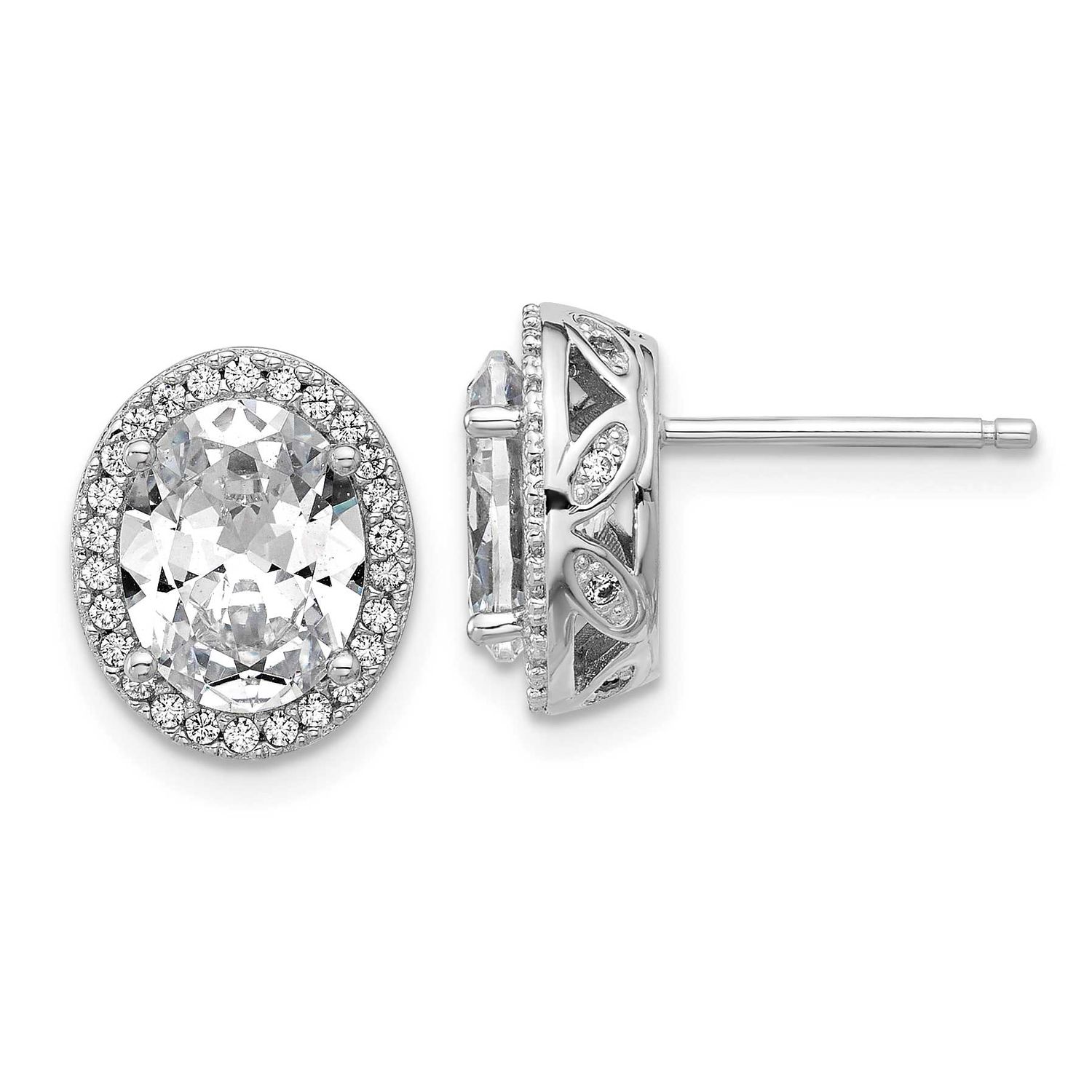 Cheryl M Polished Fancy Oval CZ Halo Post Earrings Sterling Silver Rhodium-plated, QCM1705, 1969042