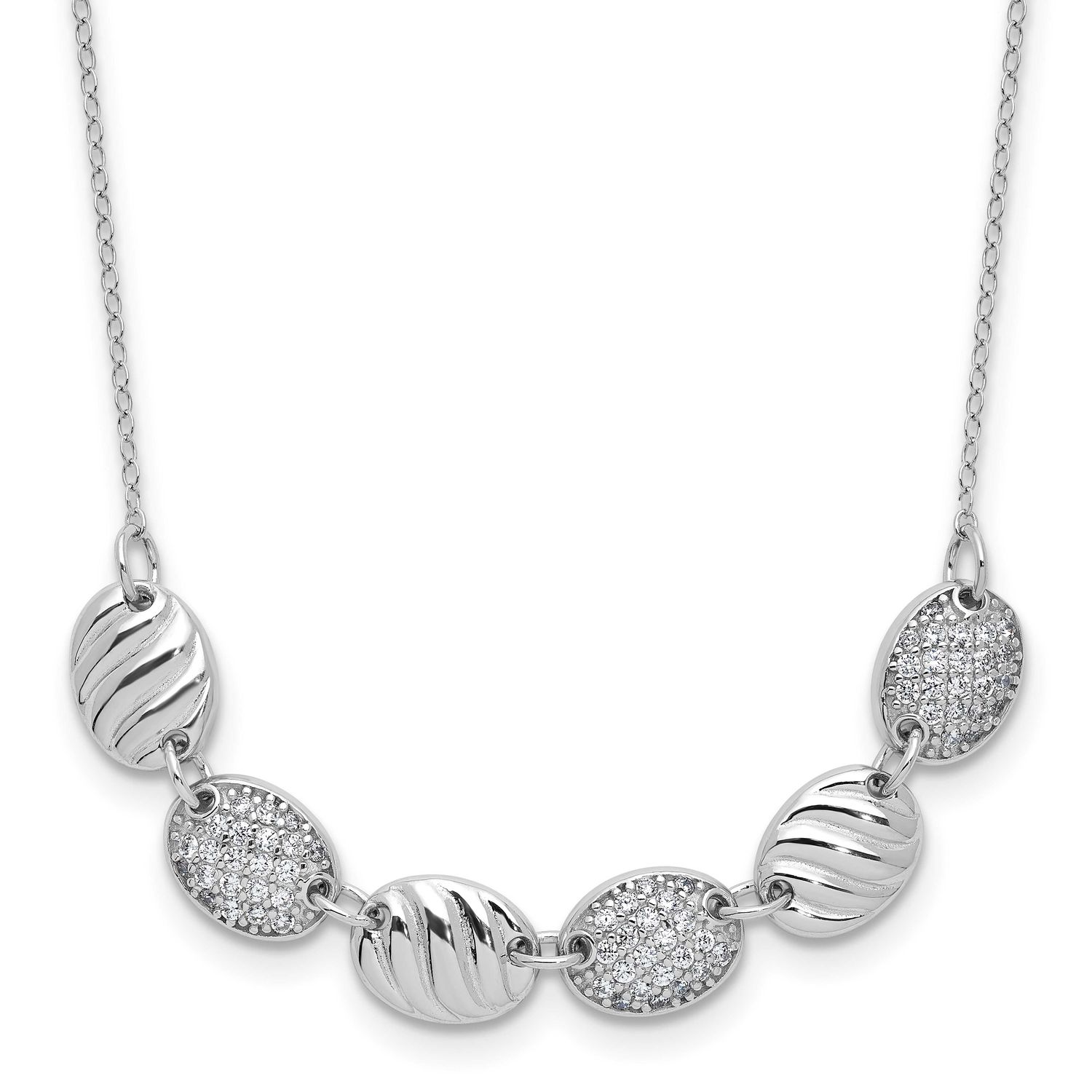 Cheryl M Polished and Grooved CZ Ovals Necklace Sterling Silver Rhodium-plated, QCM1825-18, 1969042