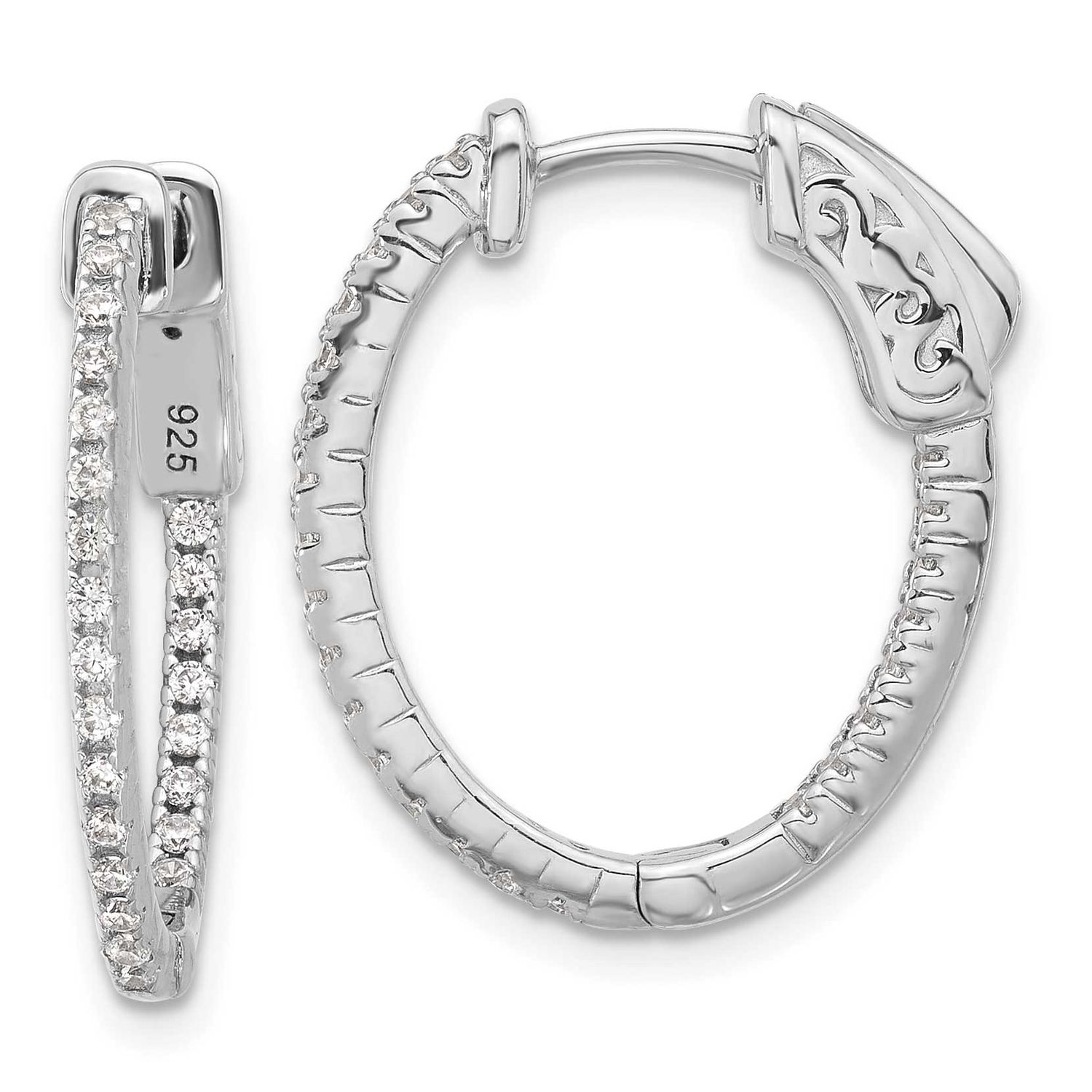 1.3mm CZ 48 Stone Oval In and Out Hinged Oval Hoop Earrings Sterling Silver Rhodium-plated, QSH140,