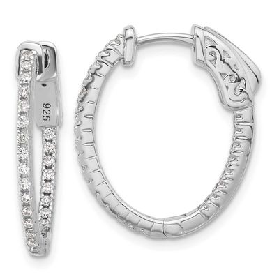 1.3mm CZ 48 Stone Oval In and Out Hinged Oval Hoop Earrings Sterling Silver Rhodium-plated, QSH140,