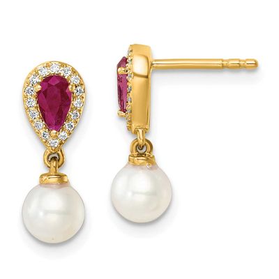 Diamond Pearl and Ruby Dangle Post Earrings 14k Gold Polished, EM9982-RU-010-YAA,