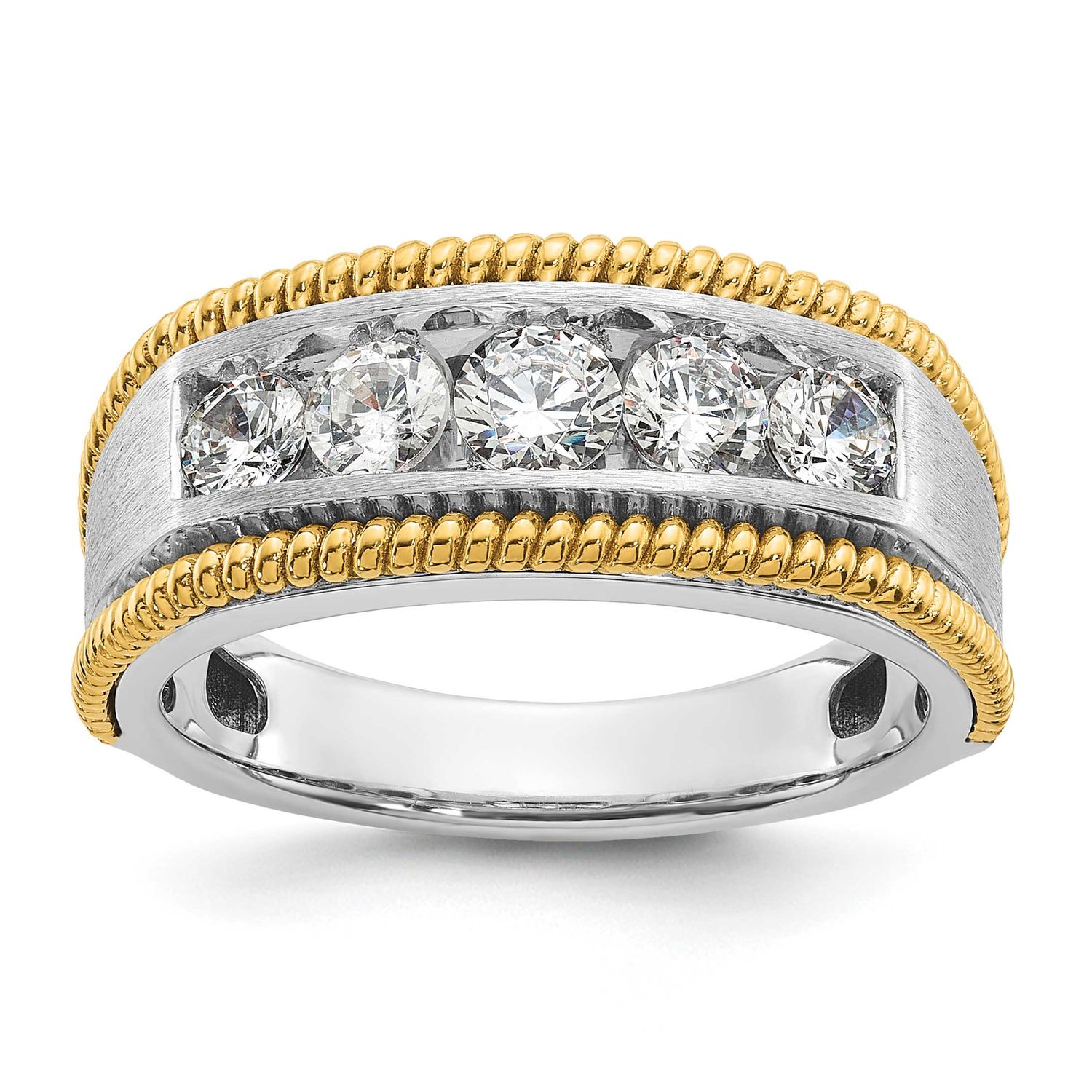 IBGoodman Men&#39;s Polished Satin and Textured 5-Stone 1 Carat Lab Grown Diamond Ring 14k Two-tone Gol