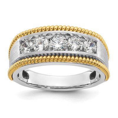 IBGoodman Men&#39;s Polished Satin and Textured 5-Stone 1 Carat Lab Grown Diamond Ring 14k Two-tone Gol