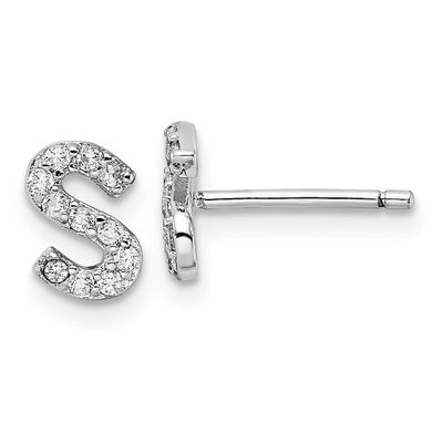 Cheryl M Polished Letter S CZ Initial Post Earrings Sterling Silver Rhodium-plated, QCM1867S,