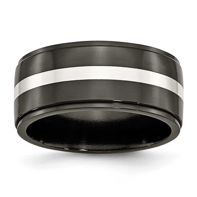 Black Ti with Sterling Silver Inlay Polished 10mm Band Titanium, TB288-12, 886774055893