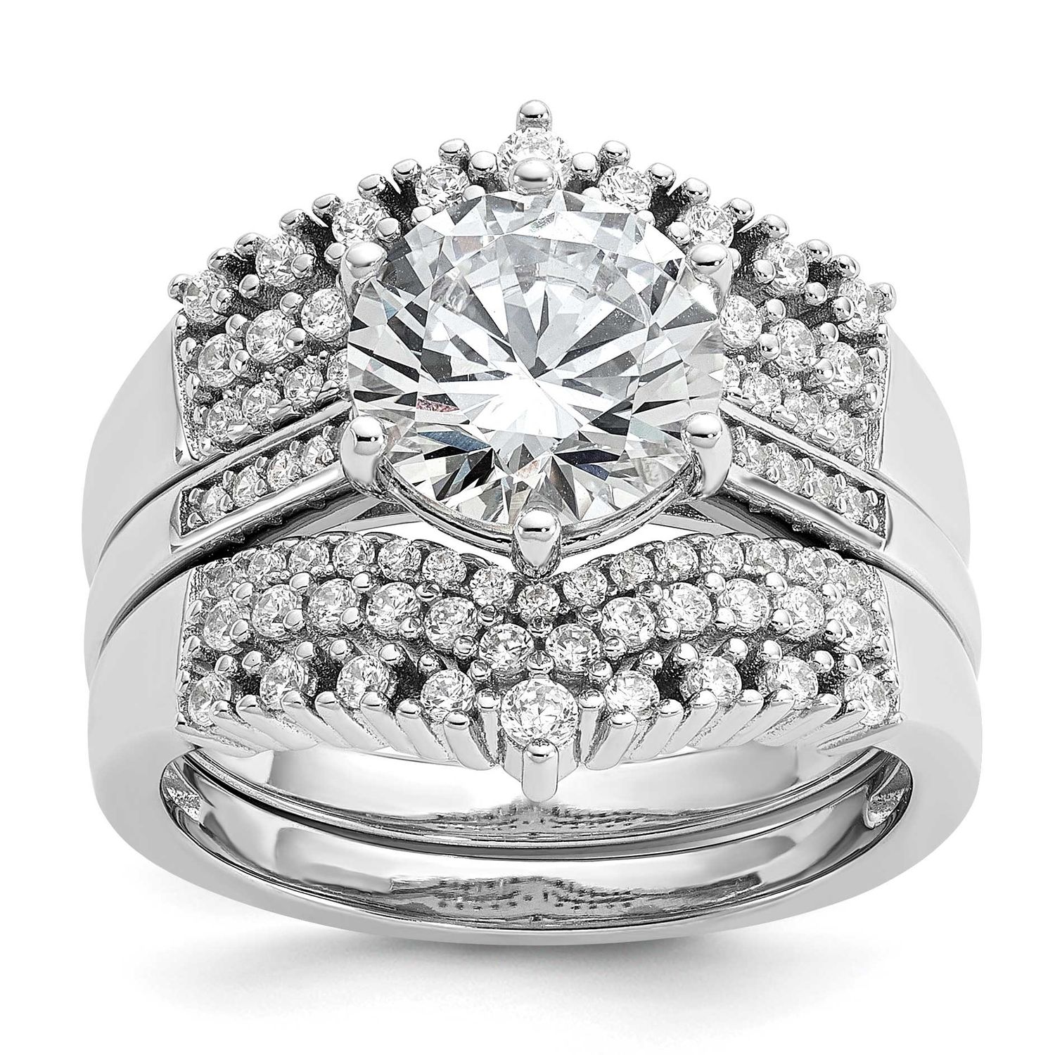 Cheryl M Polished Fancy CZ with Two 3-Row Bands Ring Set Sterling Silver Rhodium-plated, QCM1744-7,