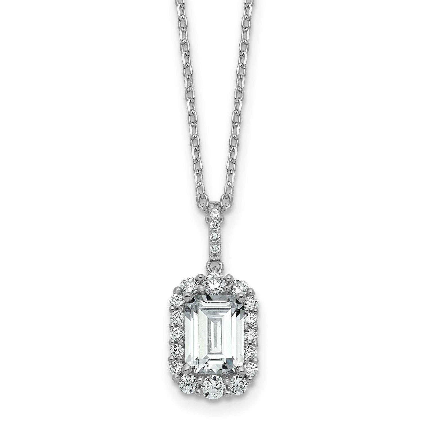 Cheryl M Polished Fancy Emerald-cut CZ Halo with 2 Inch Extension Necklace Sterling Silver Rhodium-