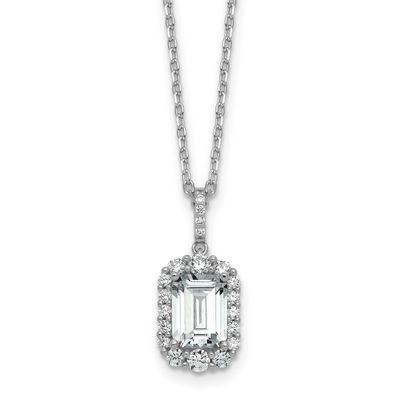 Cheryl M Polished Fancy Emerald-cut CZ Halo with 2 Inch Extension Necklace Sterling Silver Rhodium-