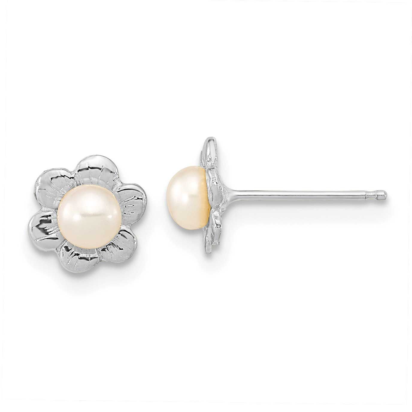 Madi K 3-4mm White Button Freshwater Cultured Pearl Flower Post Earrings 14k White Gold, XFW617E,